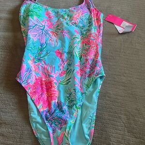 Lilly Pulitzer Aqua One-Piece Swimsuit with Pink & Green Coral Print